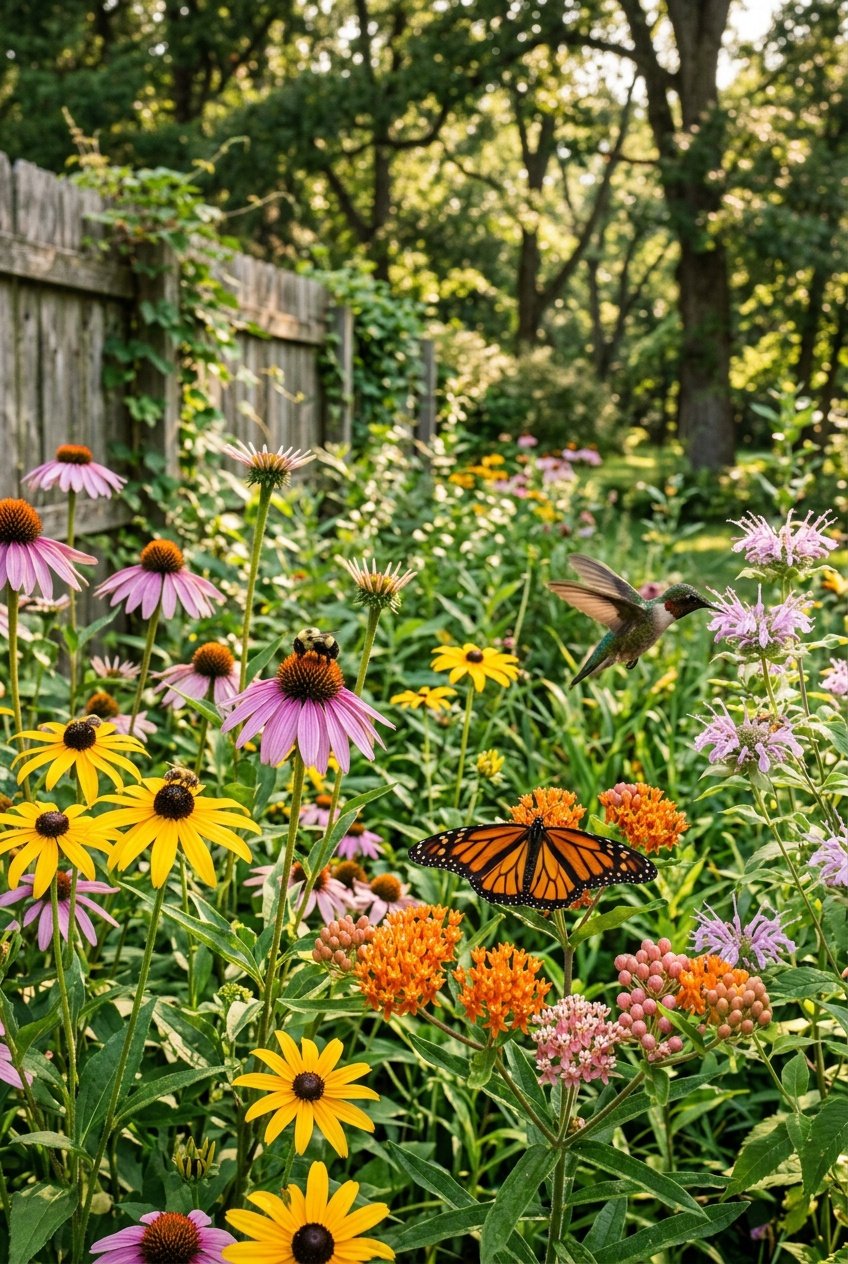 A garden filled with colorful native wildflowers attracting bees, butterflies, and hummingbirds.