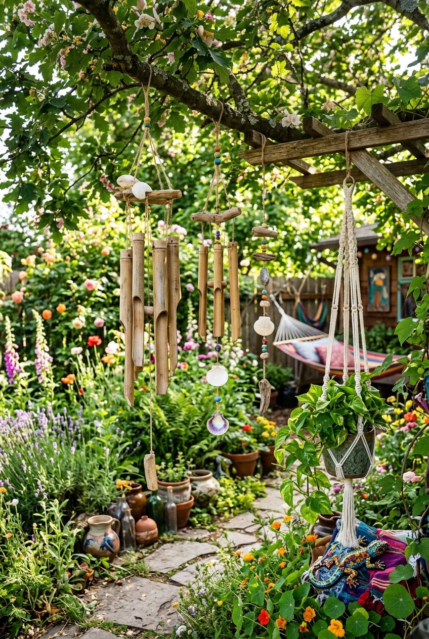 A colorful garden with bamboo and seashell wind chimes hanging among plants and flowers.