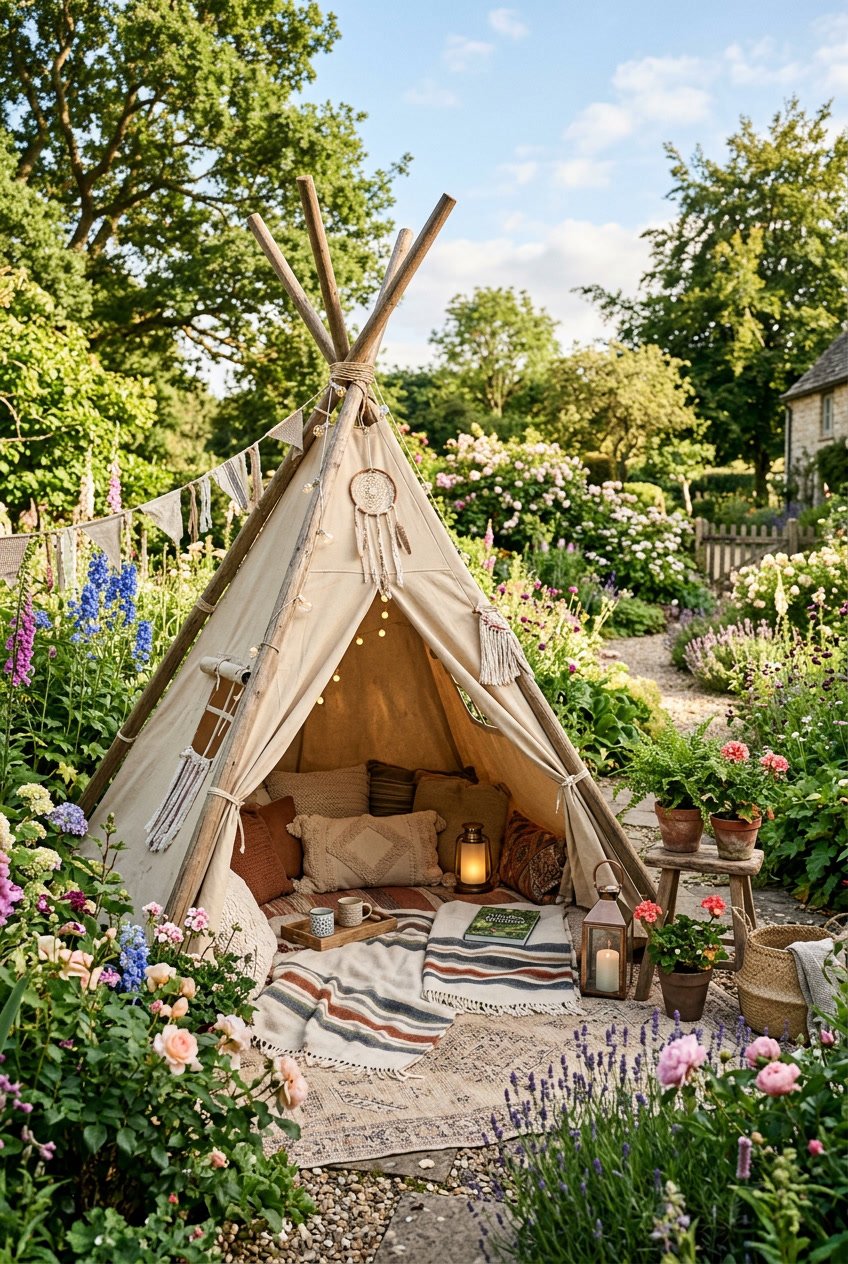 Outdoor teepee tent surrounded by green plants and flowers with cushions and blankets inside, set in a sunny garden.