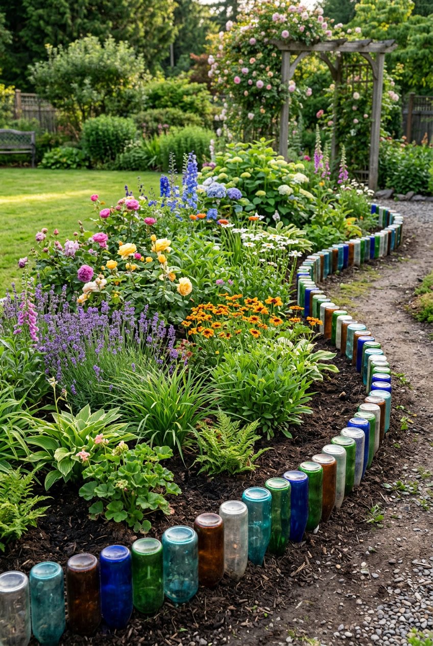A garden with colorful glass bottles used as edging around a flower bed filled with blooming plants.
