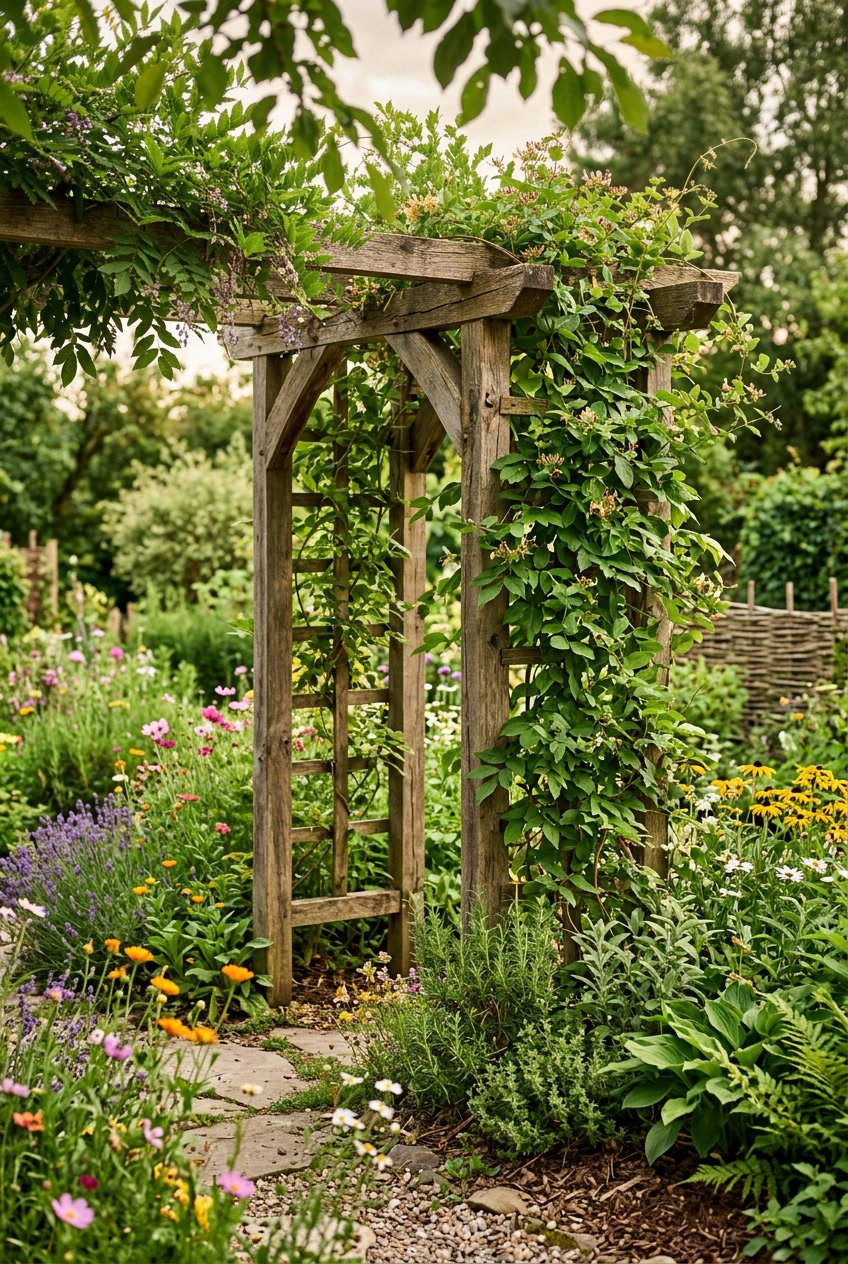 Climbing green vines growing on a rustic wooden trellis surrounded by colorful flowers and plants in a peaceful garden.