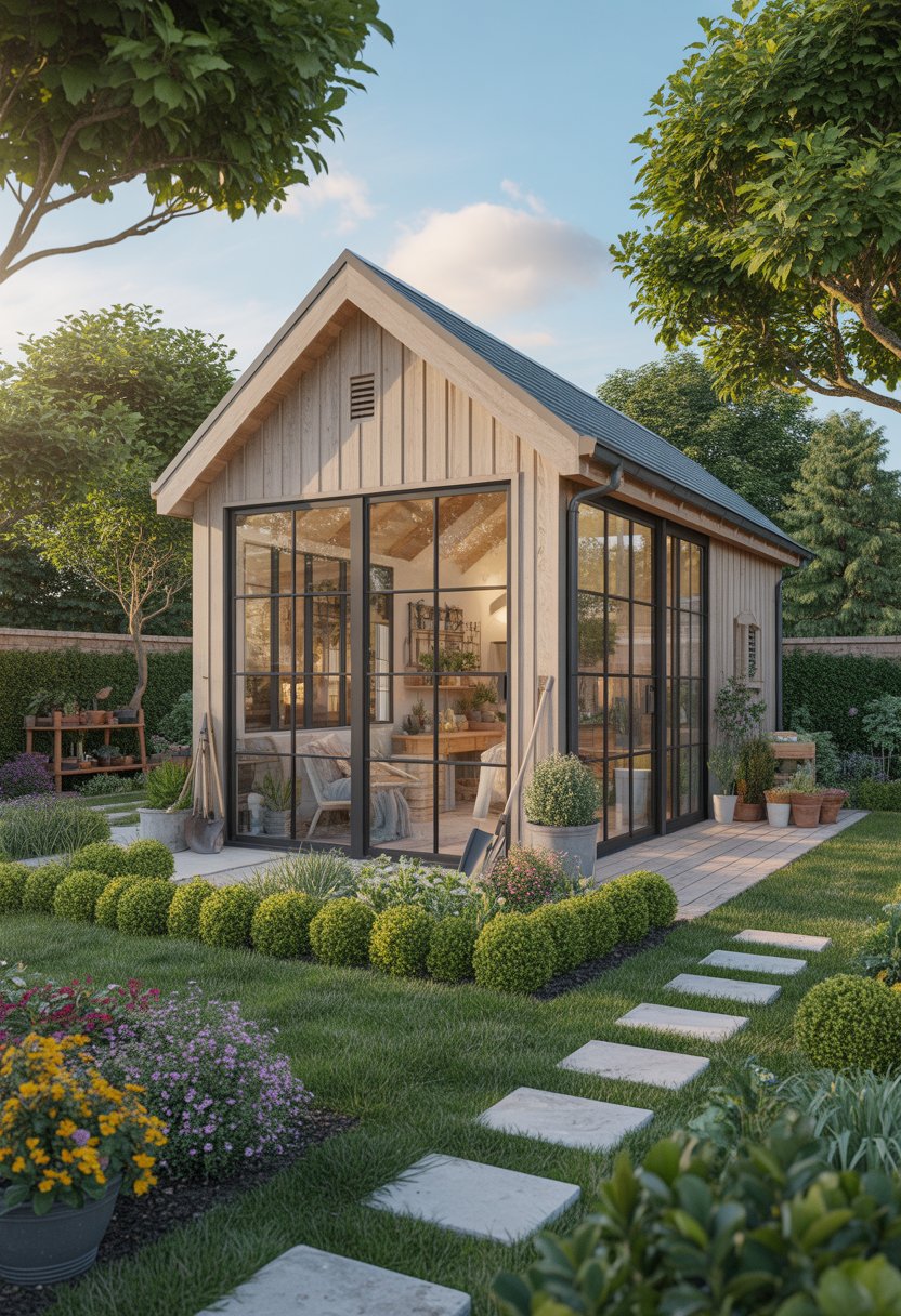 A garden studio with large windows surrounded by colorful flowers, shrubs, and a stone pathway under a clear sky.