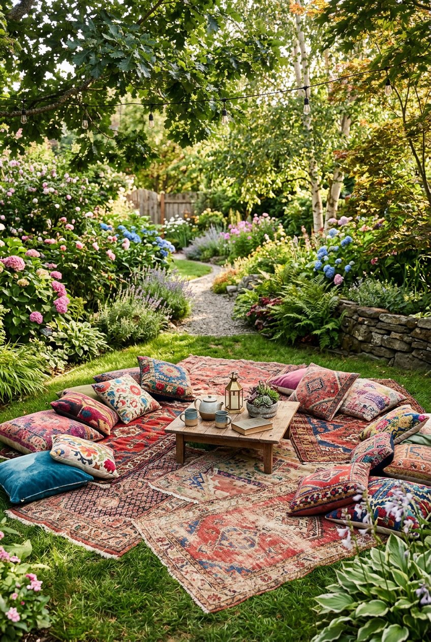 Outdoor garden seating area with vintage rugs and colorful cushions arranged on grass surrounded by plants and flowers.