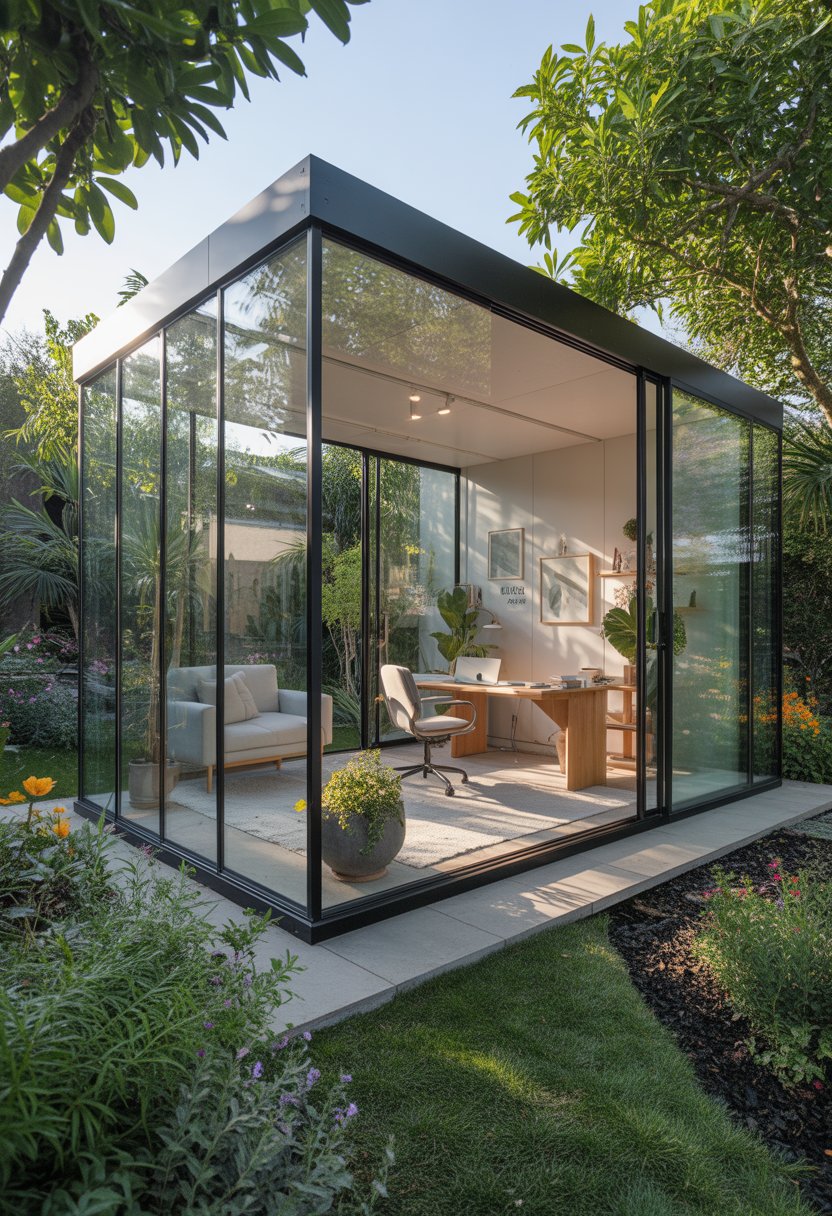 A glass studio surrounded by a garden with green plants and flowers, featuring large transparent walls and simple furniture inside.