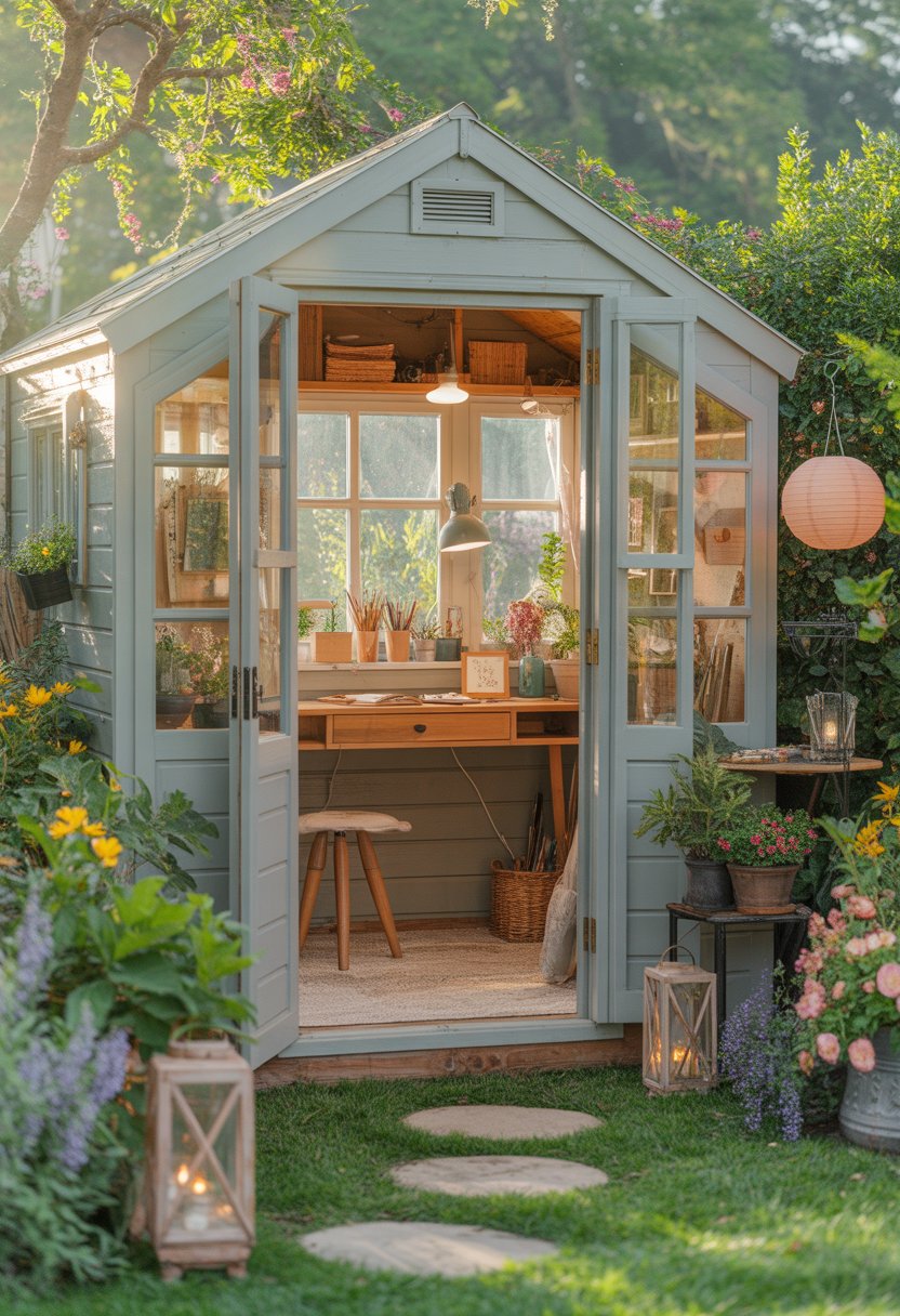A garden shed surrounded by greenery and flowers with an open door showing a workspace inside.