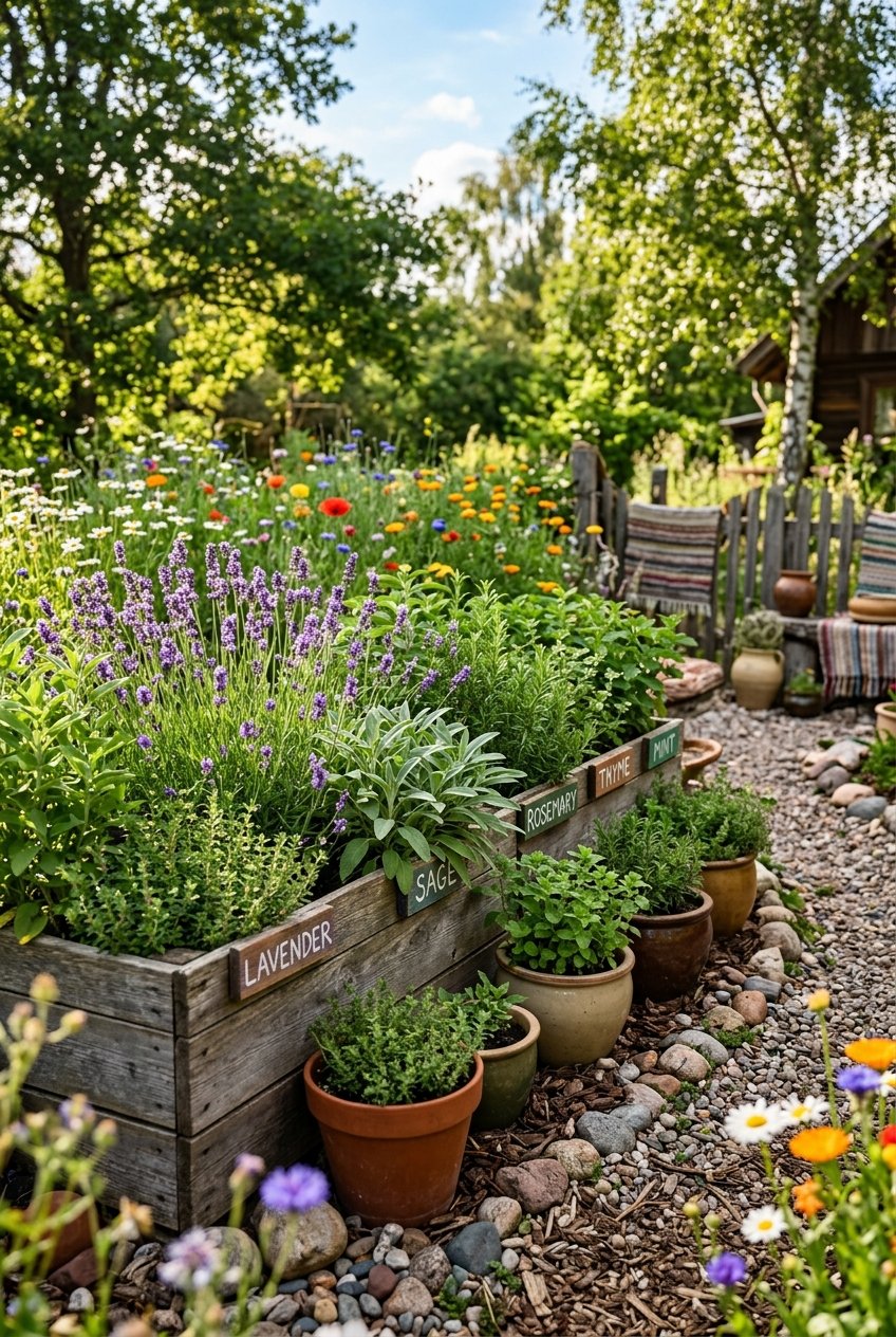 A garden with blooming lavender and sage plants growing in wooden planter boxes under soft sunlight.