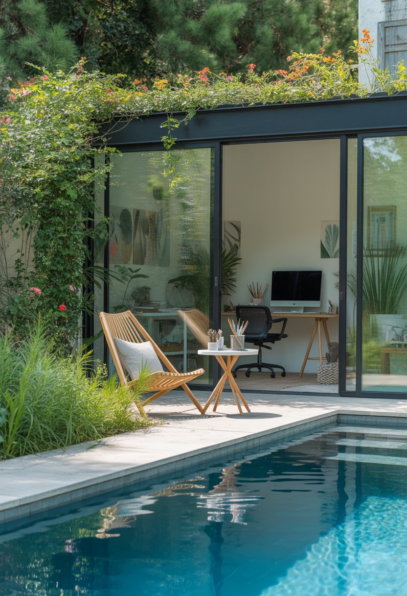 A glass-walled garden studio next to a swimming pool surrounded by plants and outdoor furniture.