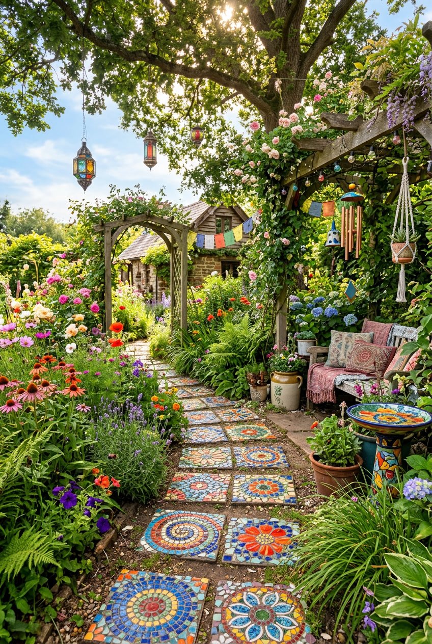 A garden path made of colorful mosaic stepping stones surrounded by green plants and blooming flowers.