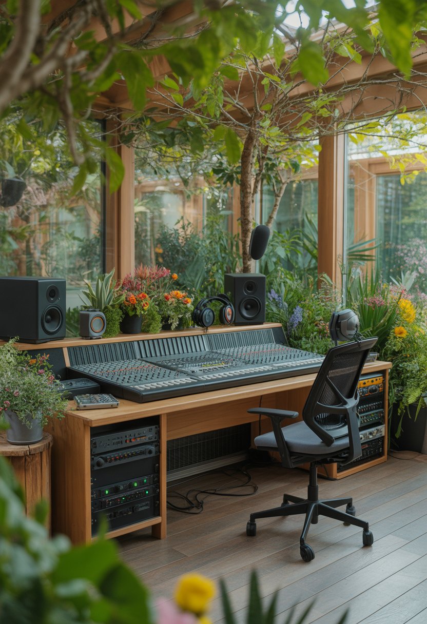 A music recording studio surrounded by plants and garden elements with recording equipment on a desk.
