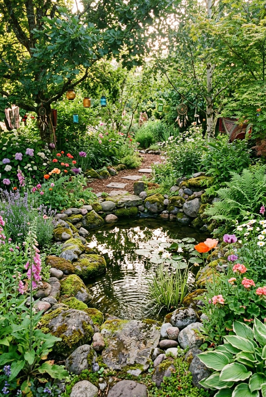 A small pond surrounded by natural stones and lush green plants in a garden setting.