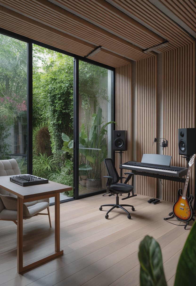 A soundproof music room with large windows overlooking a green garden, containing a piano, guitar, mixing console, and plants.