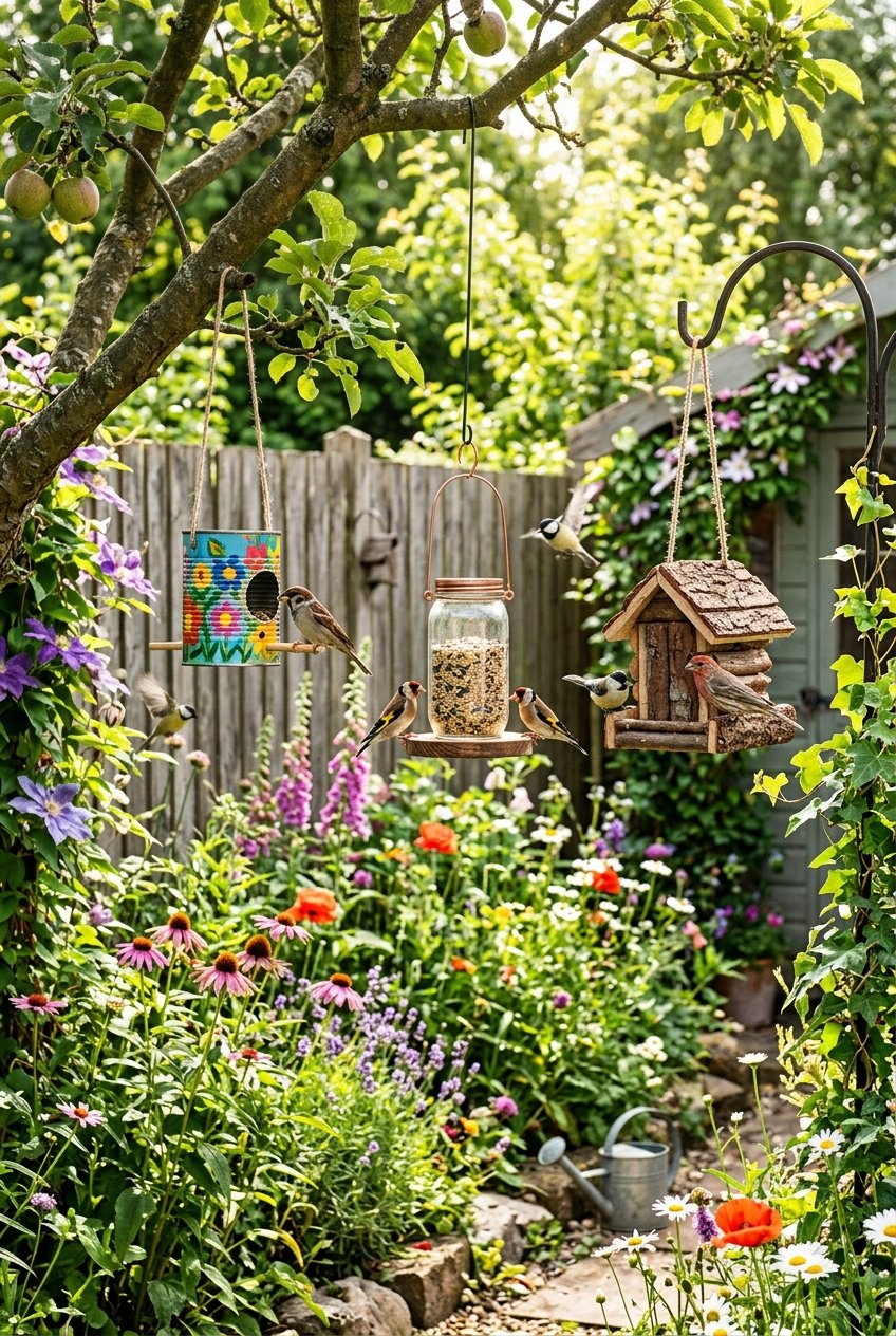 A garden with bird feeders made from recycled materials hanging from trees, surrounded by green plants and colorful flowers, with small birds feeding on them.