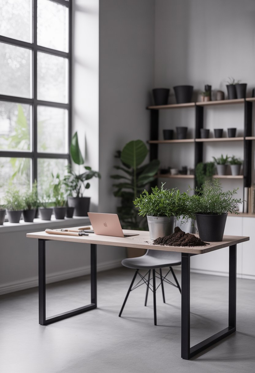 A bright garden studio with a wooden desk, potted plants, gardening tools, and shelves with pots and books.