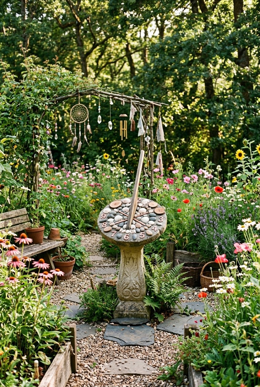 A sundial made from natural materials surrounded by colorful flowers and greenery in a peaceful garden setting.
