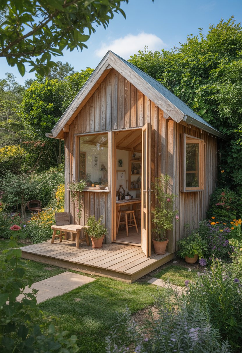 A rustic wooden cabin studio surrounded by a colorful garden with flowers and greenery, featuring a small wooden deck with outdoor furniture.