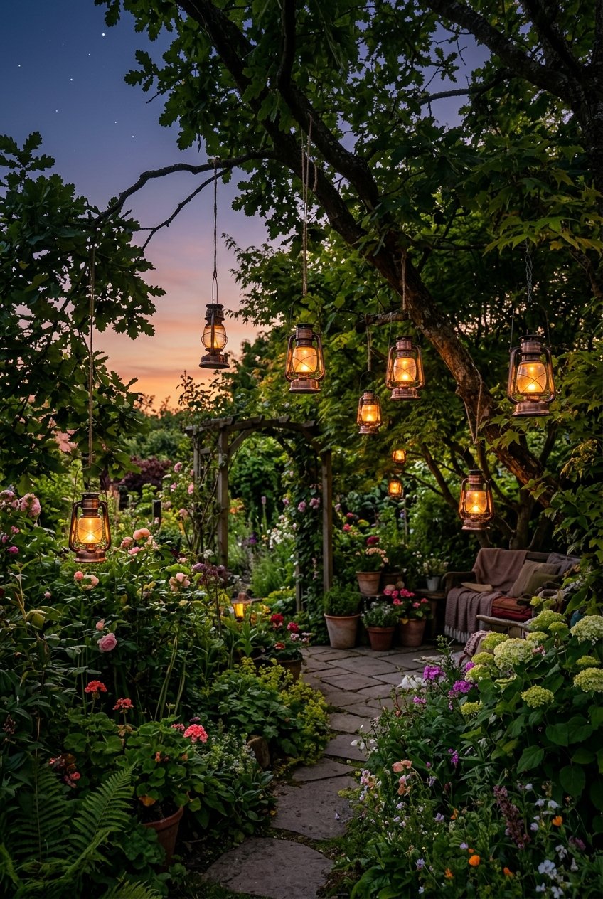 A garden at dusk with solar lanterns hanging from tree branches glowing softly among green foliage.