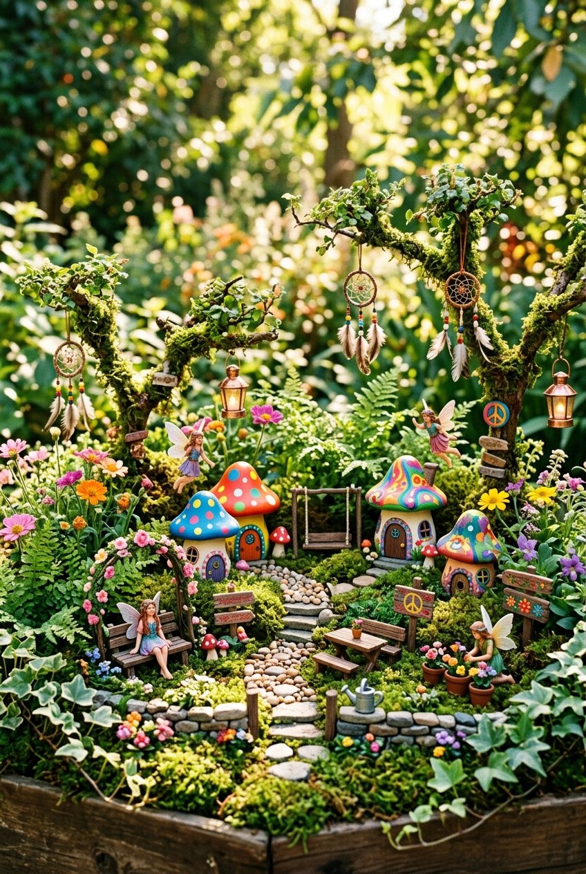 A miniature fairy garden with tiny colorful houses, small benches, fairy figurines, flowers, moss, and hanging decorations in a lush green outdoor setting.