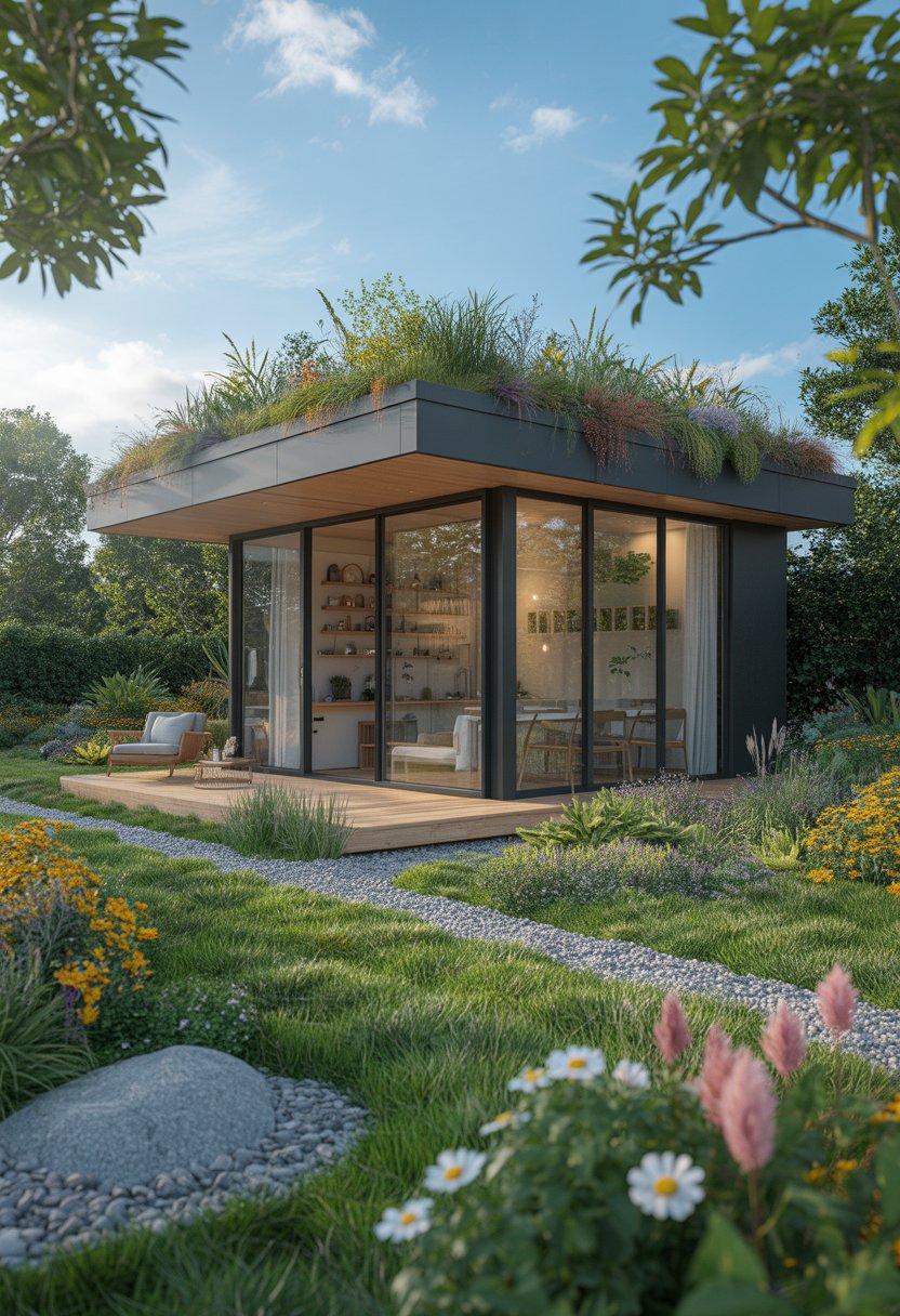 A small modern garden studio with a green roof surrounded by colorful plants and flowers under a clear blue sky.