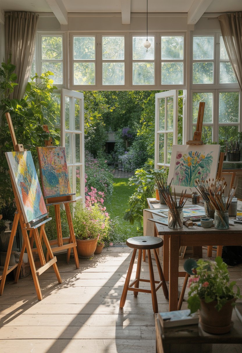 A bright artist's studio with large windows overlooking a green garden, filled with art supplies, easels, and potted plants.