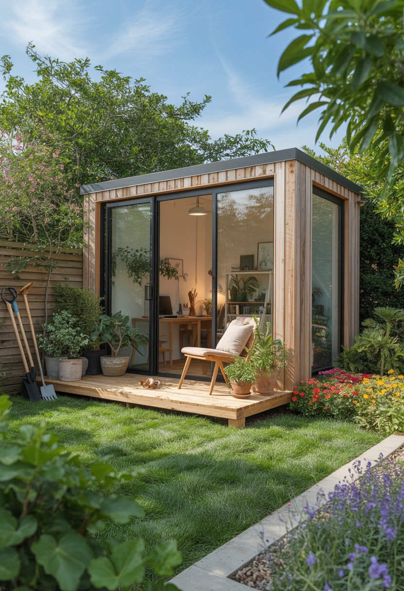 A modern garden office studio surrounded by green plants and flowers in a backyard.