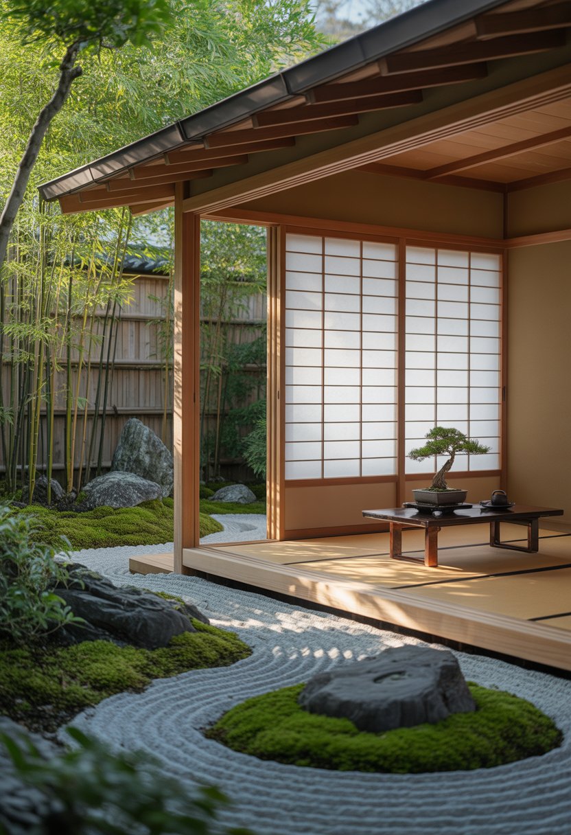 A wooden garden studio with sliding doors open to a zen garden featuring raked gravel, rocks, bamboo plants, and a simple interior with tatami mats and a bonsai tree.