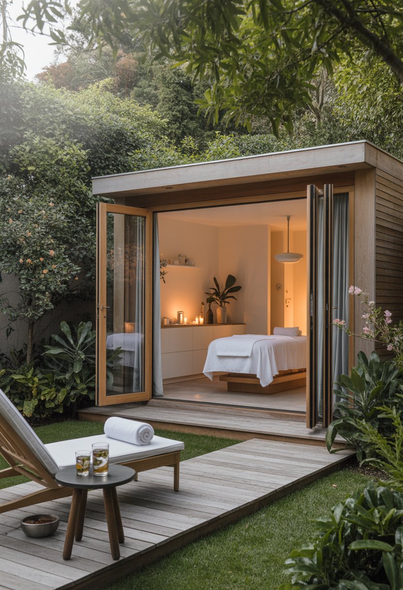 A wooden garden studio surrounded by green plants and trees with an open door revealing a spa interior including a massage table and candles.