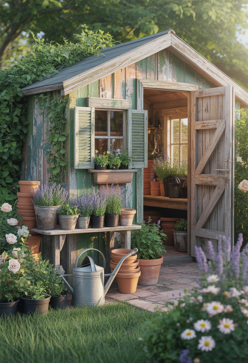 A vintage garden potting shed surrounded by blooming flowers and gardening tools in a lush garden.