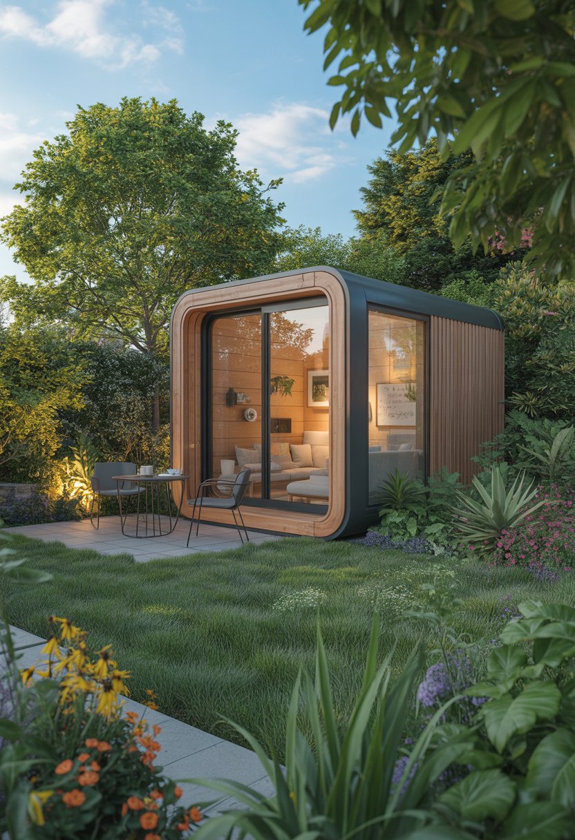 A modern garden office pod with large windows surrounded by plants and a lawn in a backyard garden.