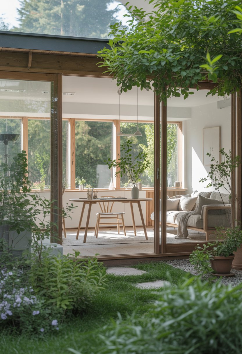 A bright garden studio with large windows, wooden furniture, green plants, and a stone pathway surrounded by greenery.