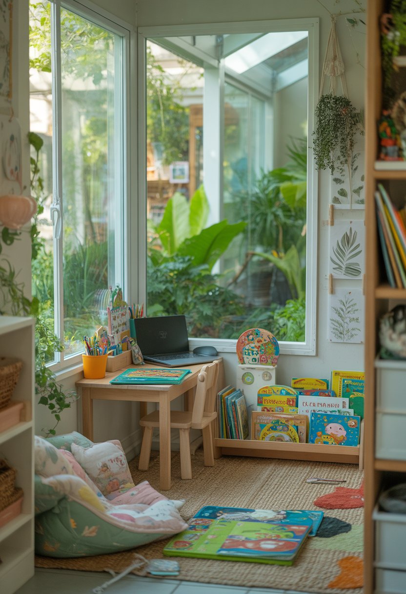 A children's play and study nook inside a garden studio with a desk, books, toys, cushions, and large windows showing greenery outside.