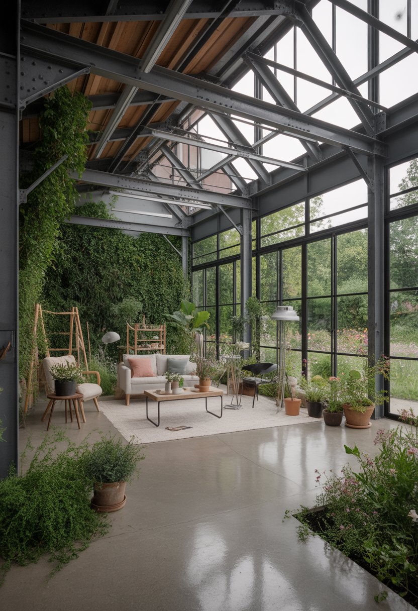 Interior of a metal frame studio surrounded by plants and garden elements with large windows letting in natural light.