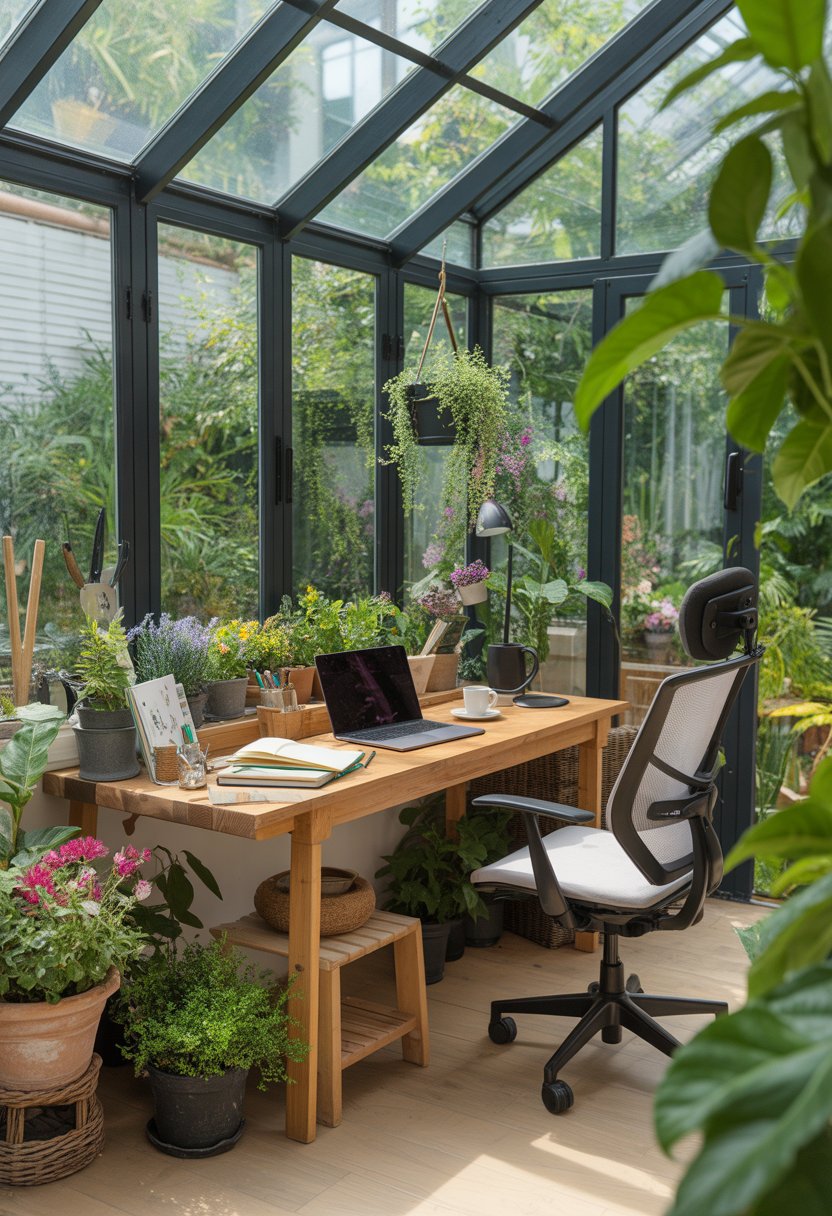 A sunroom with large windows filled with plants and a wooden desk holding a laptop and gardening tools.