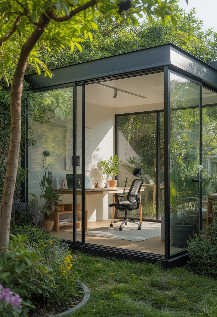 A garden studio with large glass walls surrounded by greenery and plants, featuring a wooden desk and chair inside.