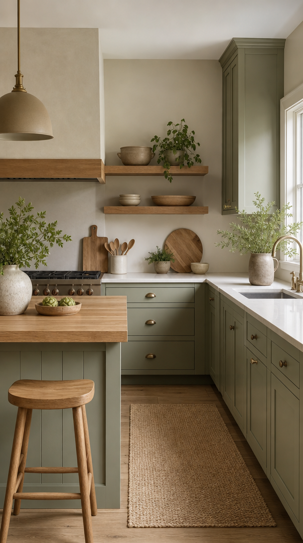 A kitchen featuring muted sage green cabinets, wooden shelves, and natural decor, creating a cozy and inviting atmosphere.