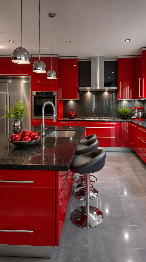 Modern kitchen featuring glossy red cabinets, black countertops, and stylish lighting fixtures.