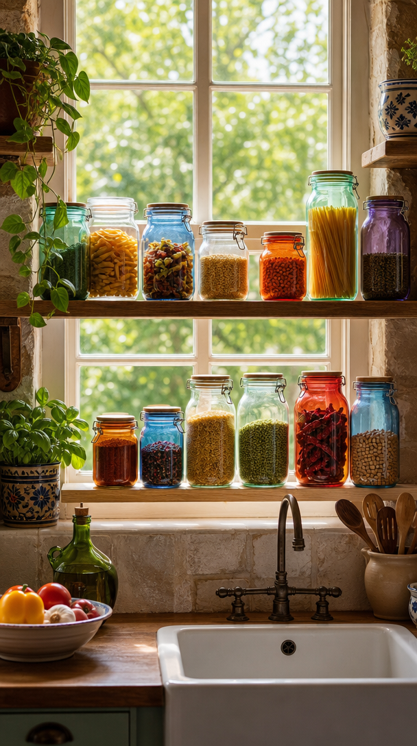 A bright kitchen window showcasing colorful glass jars filled with various ingredients on a wooden shelf.