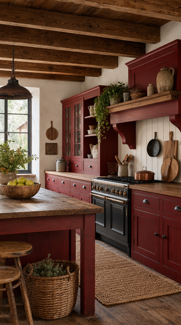 A rustic kitchen featuring barn red cabinets with wooden beams and natural decor.