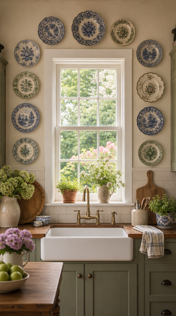A kitchen window surrounded by vintage plates displayed on the wall.