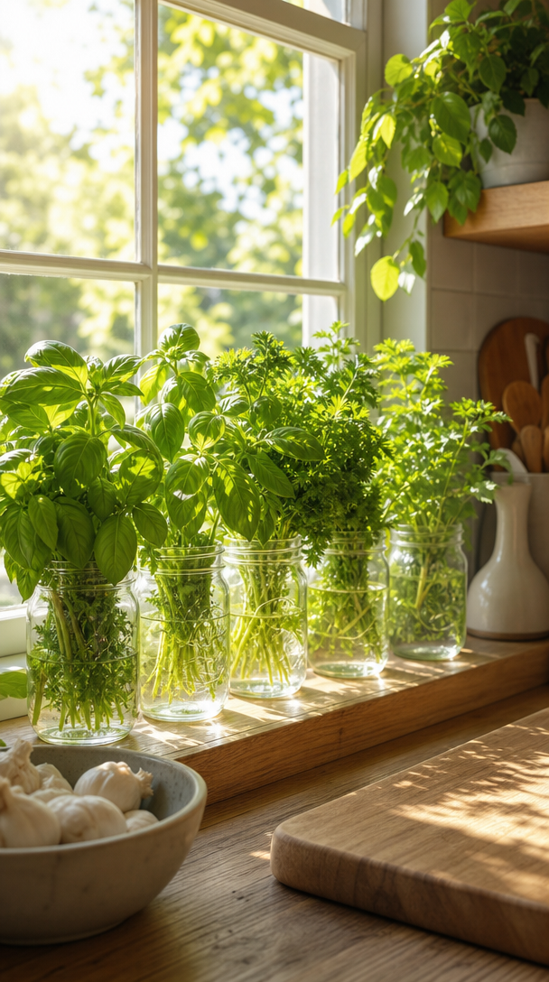A kitchen window with several mason jars filled with fresh herbs like basil and parsley.