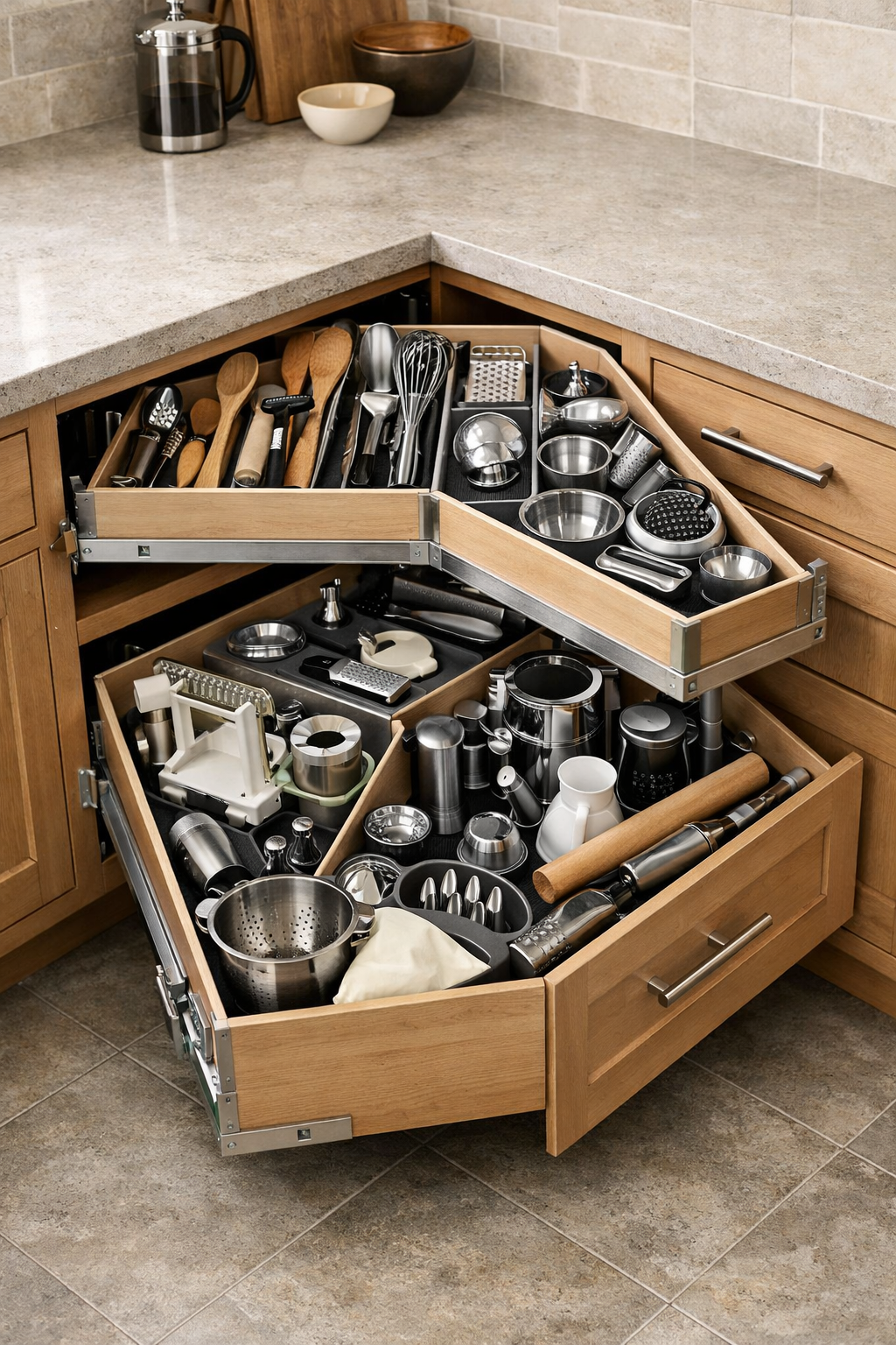 Organized pull-out drawers in a corner kitchen cabinet filled with various kitchen utensils and tools.
