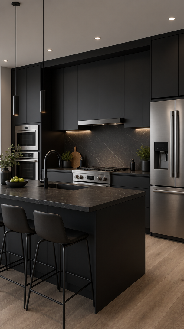 Modern kitchen with sleek black matte cabinets and contrasting light features