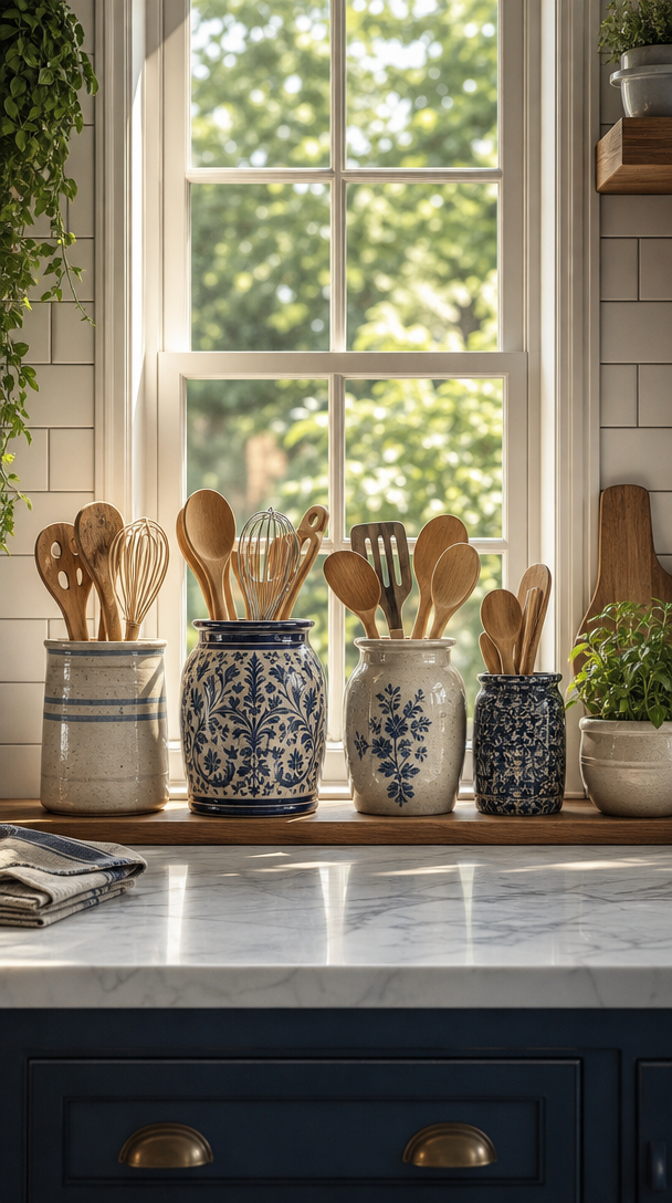 A decorative kitchen window display featuring ceramic jars filled with wooden utensils, accompanied by a small plant.