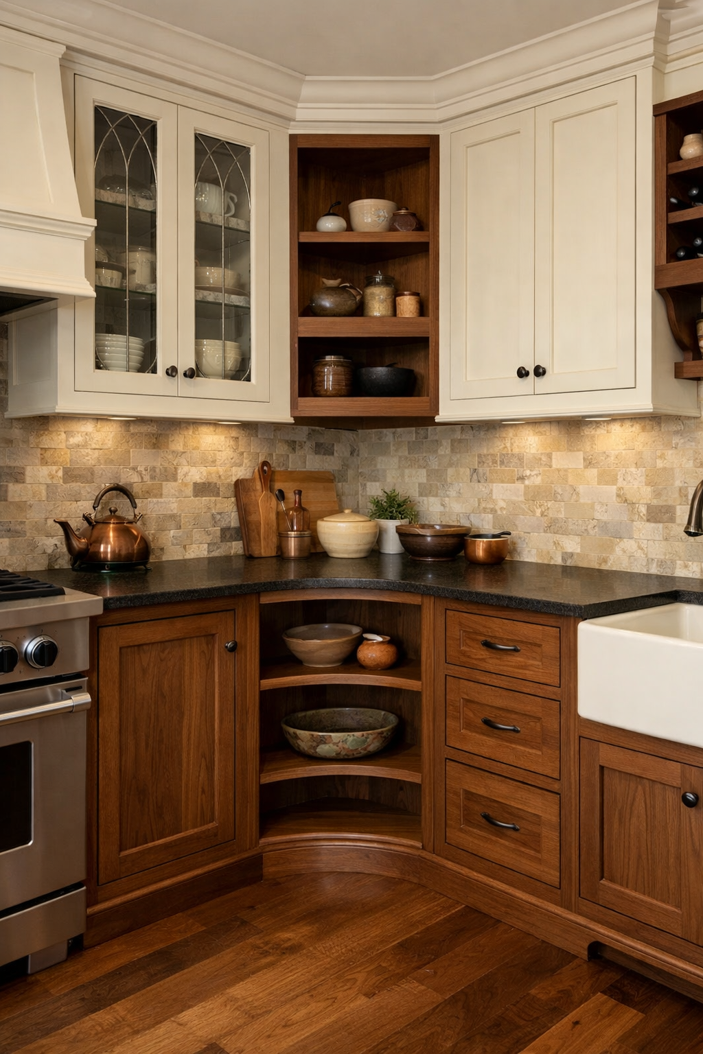 A beautifully arranged kitchen corner with wood cabinets, open shelves displaying pottery, and under-cabinet lighting.