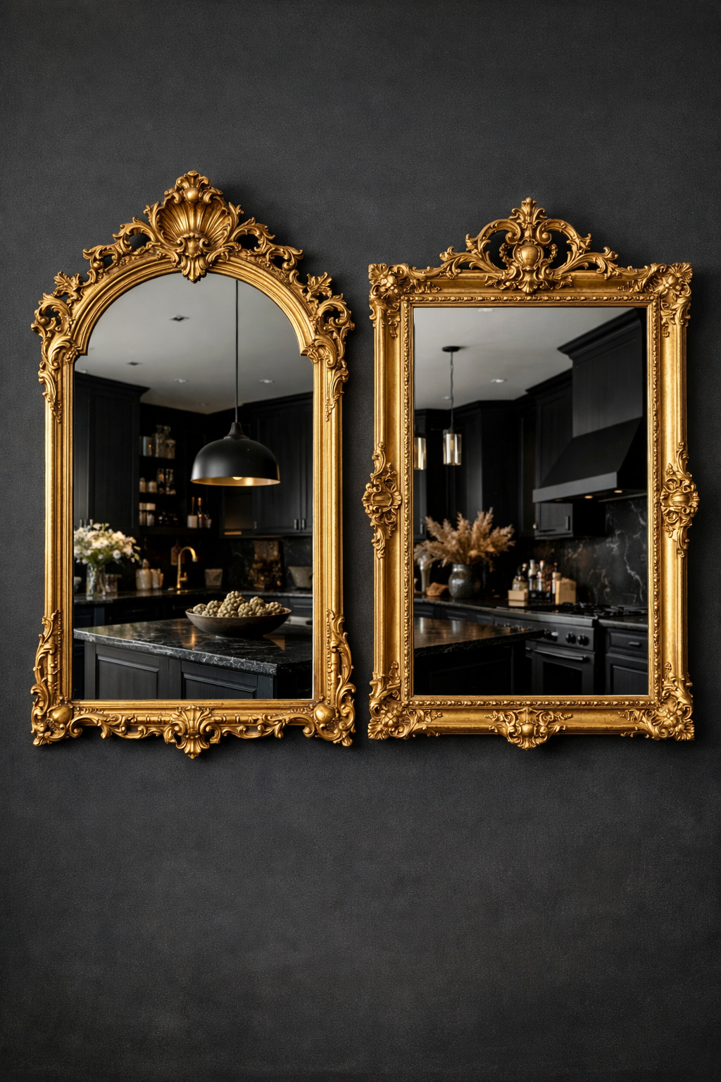 Two gold framed mirrors in a black kitchen setting