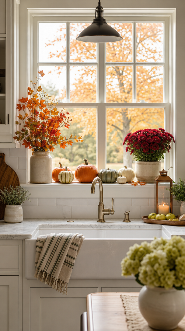 A kitchen window decorated for fall with colorful leaves, pumpkins, and flowers.