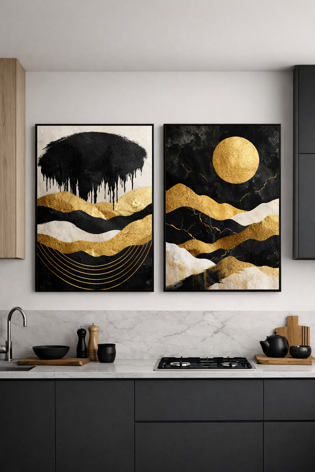 Black and gold wall art featuring abstract landscape and sun designs in a modern kitchen setting.