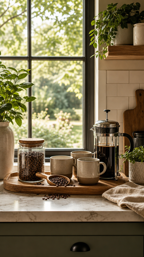 A coffee station setup by a kitchen window, featuring a wooden tray with a French press, mugs, coffee beans, and plants.