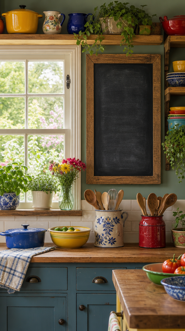 A chalkboard menu display in a cozy kitchen setting with vibrant decor and fresh ingredients.