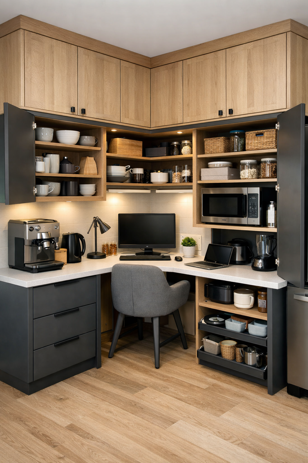 A multi-functional corner kitchen cabinet setup featuring a workspace, shelves, and organized items.