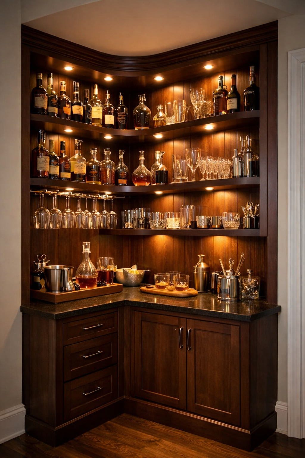 A corner kitchen cabinet illuminated with recessed lighting, featuring shelves filled with bottles and glasses.